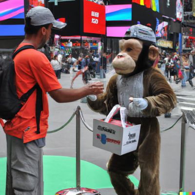 DALL·E 2023-05-16 15.29.38 - a mokey taking help of a professional salesman to sell nike shoes at the times square